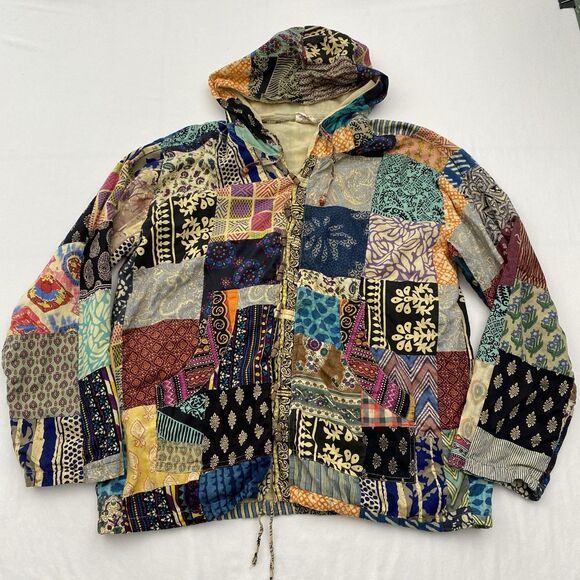 Gypsy Rose Shirt Jacket Womens Mens One Size Patchwork Multicolor Hooded Boho - Picture 1 of 10
